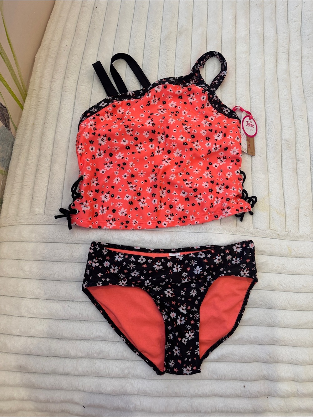 Justice Coral Floral Tankini with Black Trim